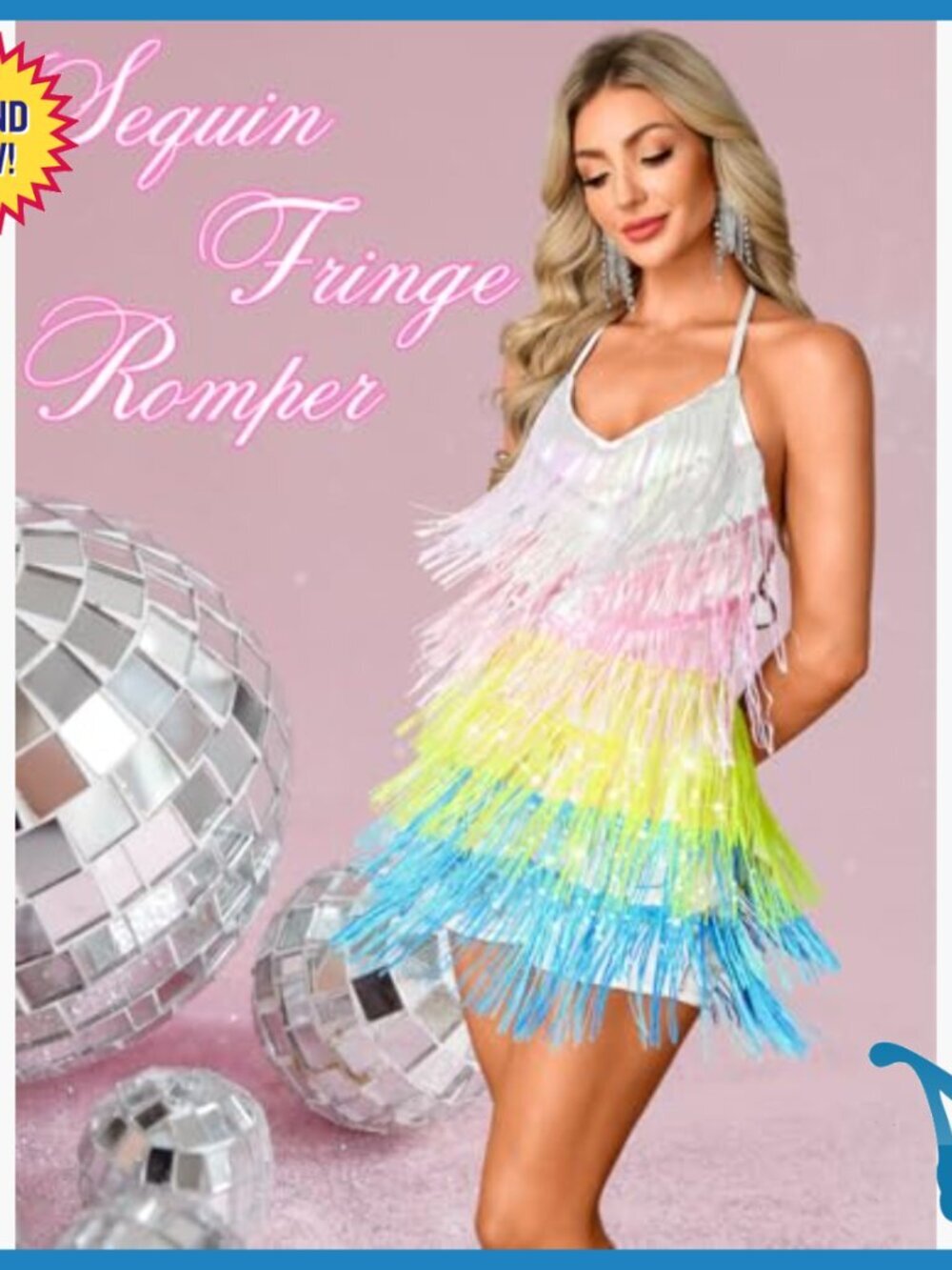 Sequin Fringe Romper, Open Back Halter Jumpsuit for Rave Festival - Picture 2 of 7